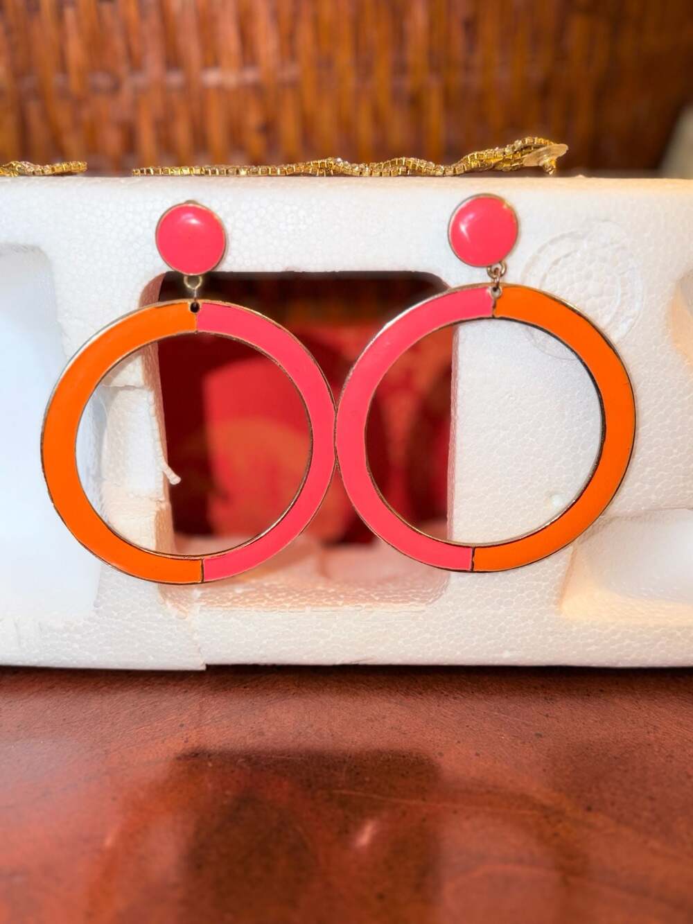 Two-Tone Pink and Orange Enamel Hoop Earrings with Stud Top